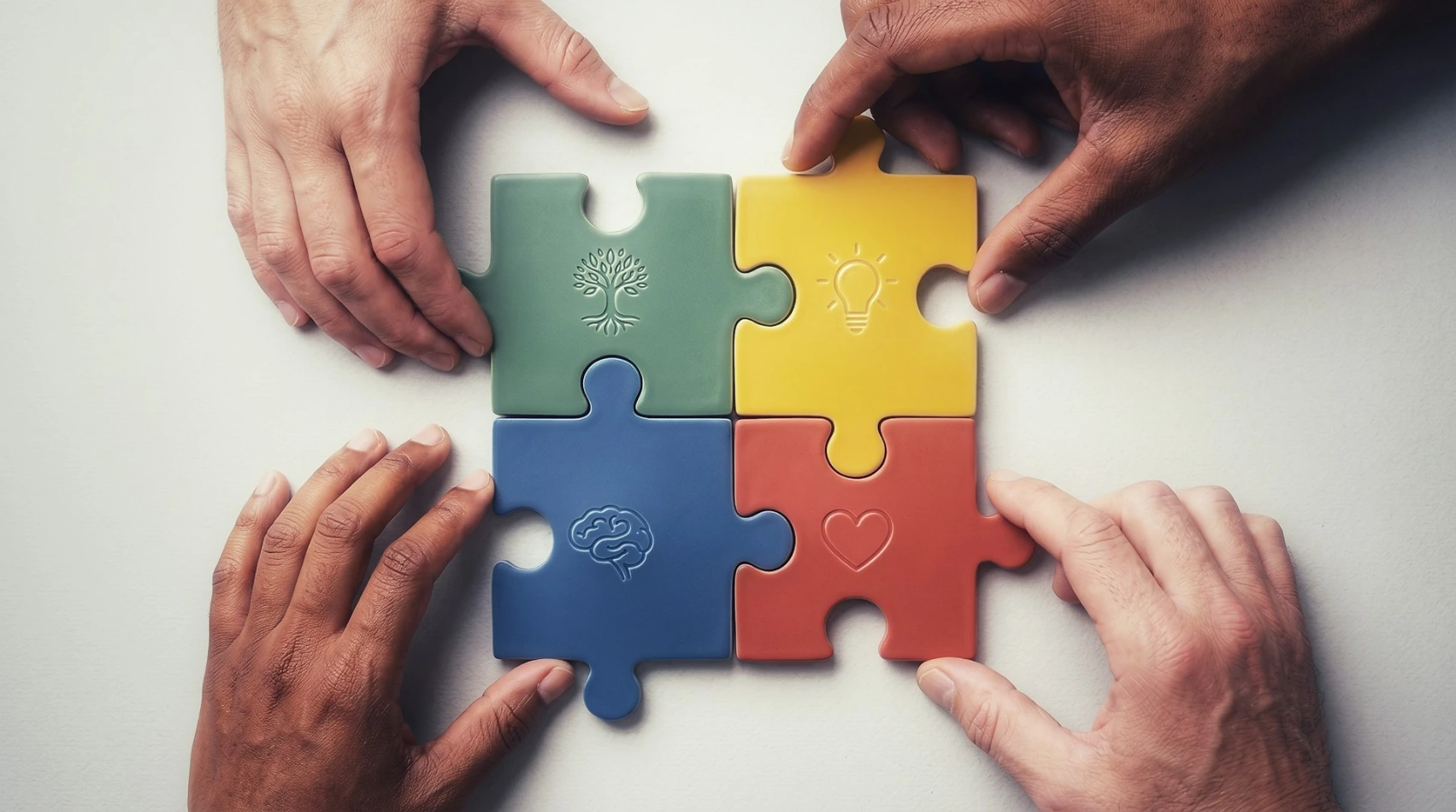Four hands connect colorful puzzle pieces with symbols